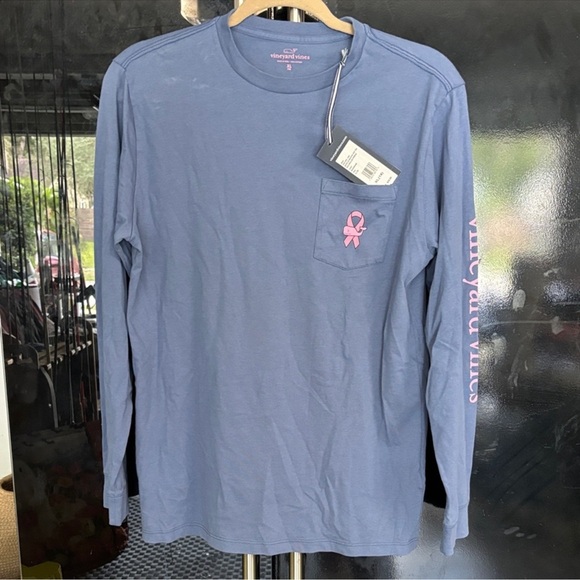 Vineyard Vines Other - Vineyard Vines Dusty Blue Long-Sleeve Pocket Tee with Pink Ribbon